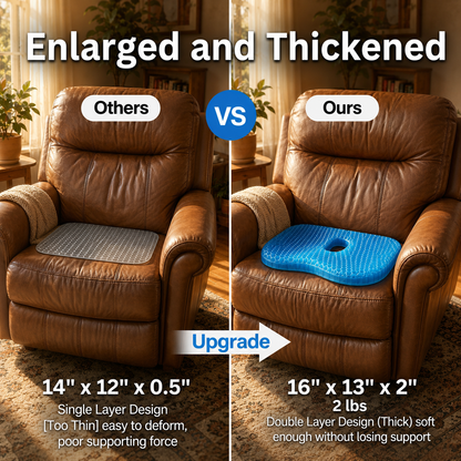 Size comparison: a thin 14 by 12 by 0.5 inch cushion beside the thicker 16 by 13 by 2 inch double-layer MediGel cushion
