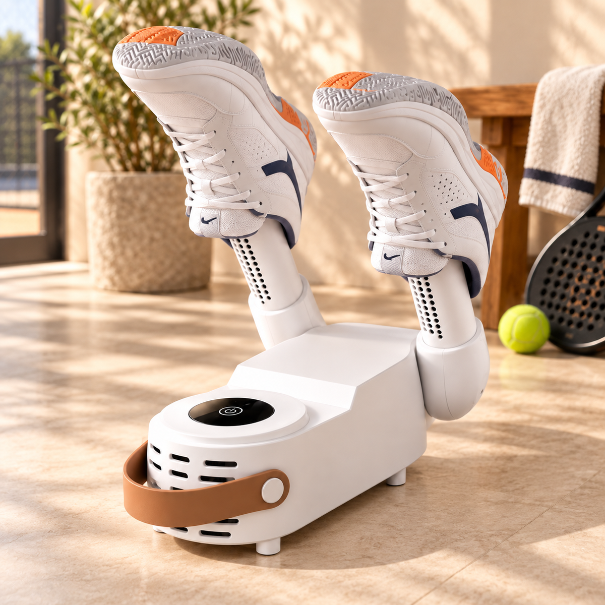 Court shoes drying on the Norven Shoe Dryer