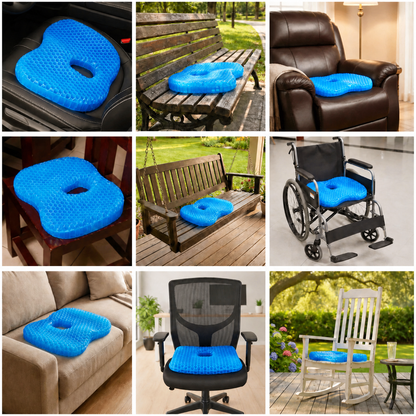 Nine photos of the MediGel cushion in use on a bench, recliner, wheelchair, office chair, dining chair and patio chair