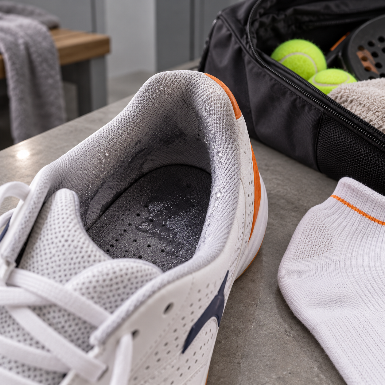 Sweat-damp court-shoe lining beside a clean athletic sock