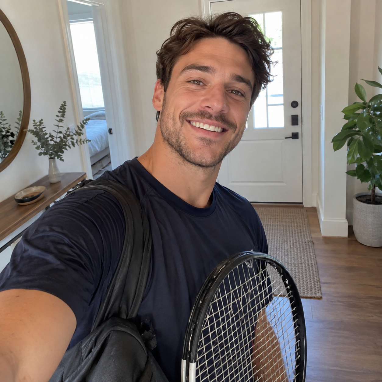 Maya Collins arriving home with a tennis racket