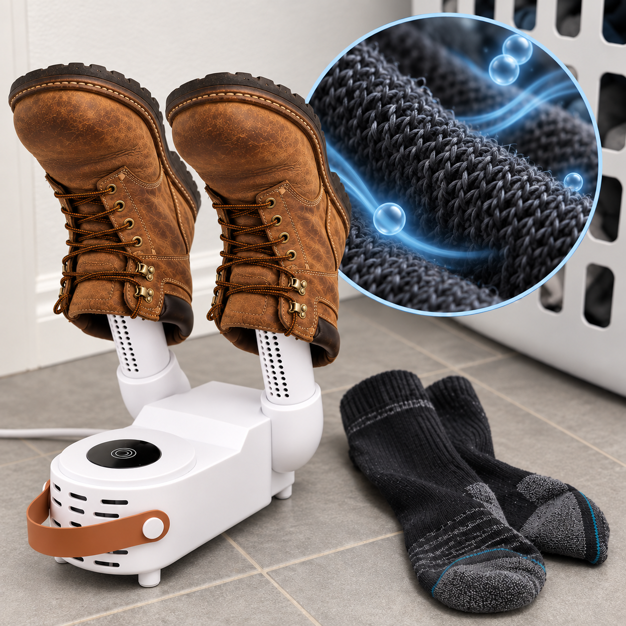 Two work boots drying on the two-outlet Norven dryer with clean dry fibers magnified