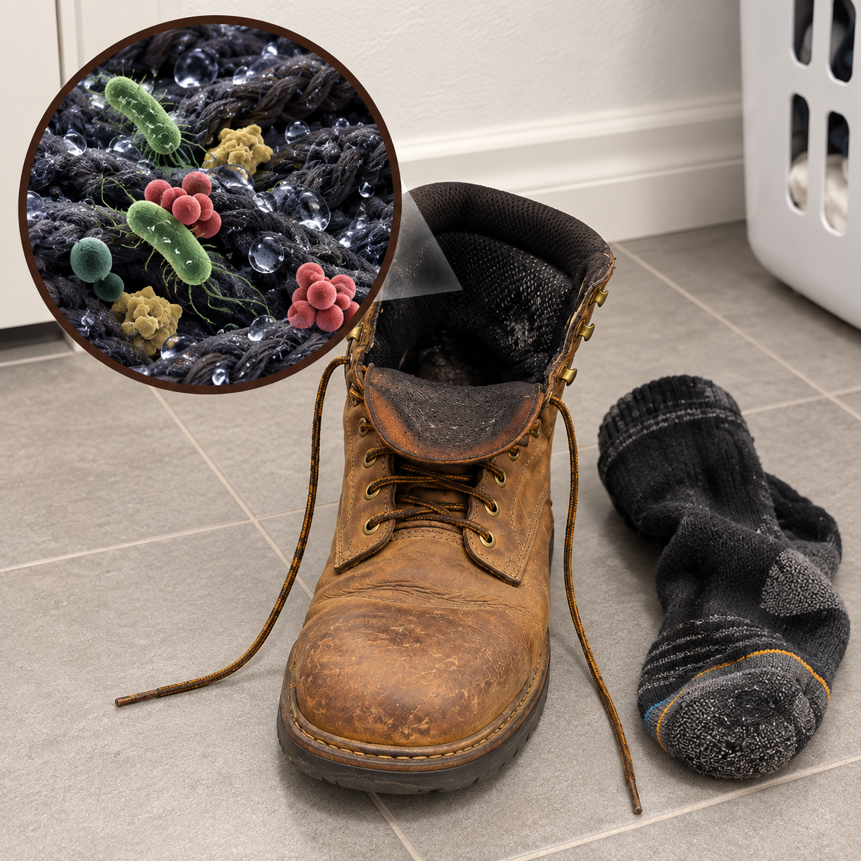 Sweat-damp work boot lining with odor-causing buildup magnified