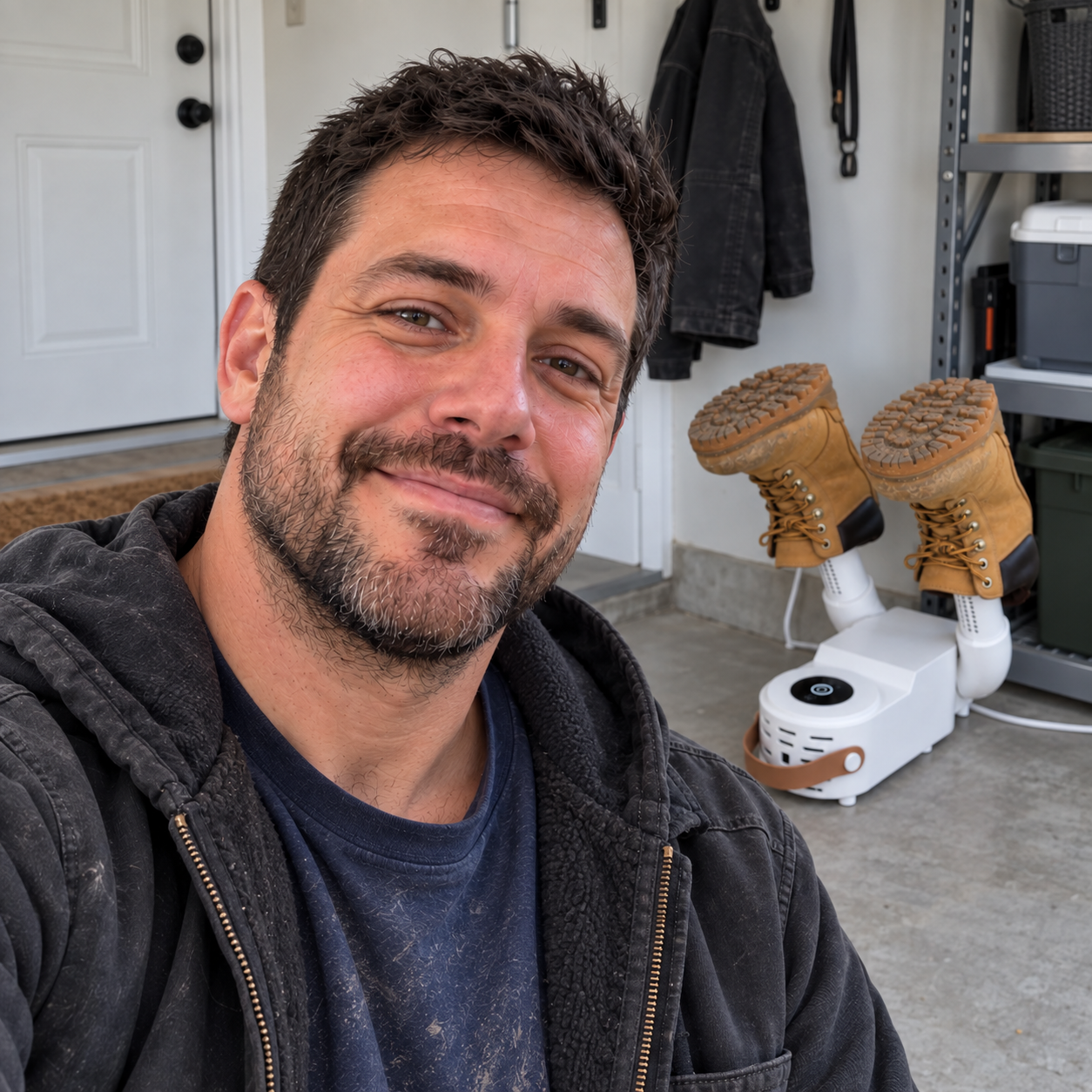 Chris Davis in his garage with work boots drying in the background