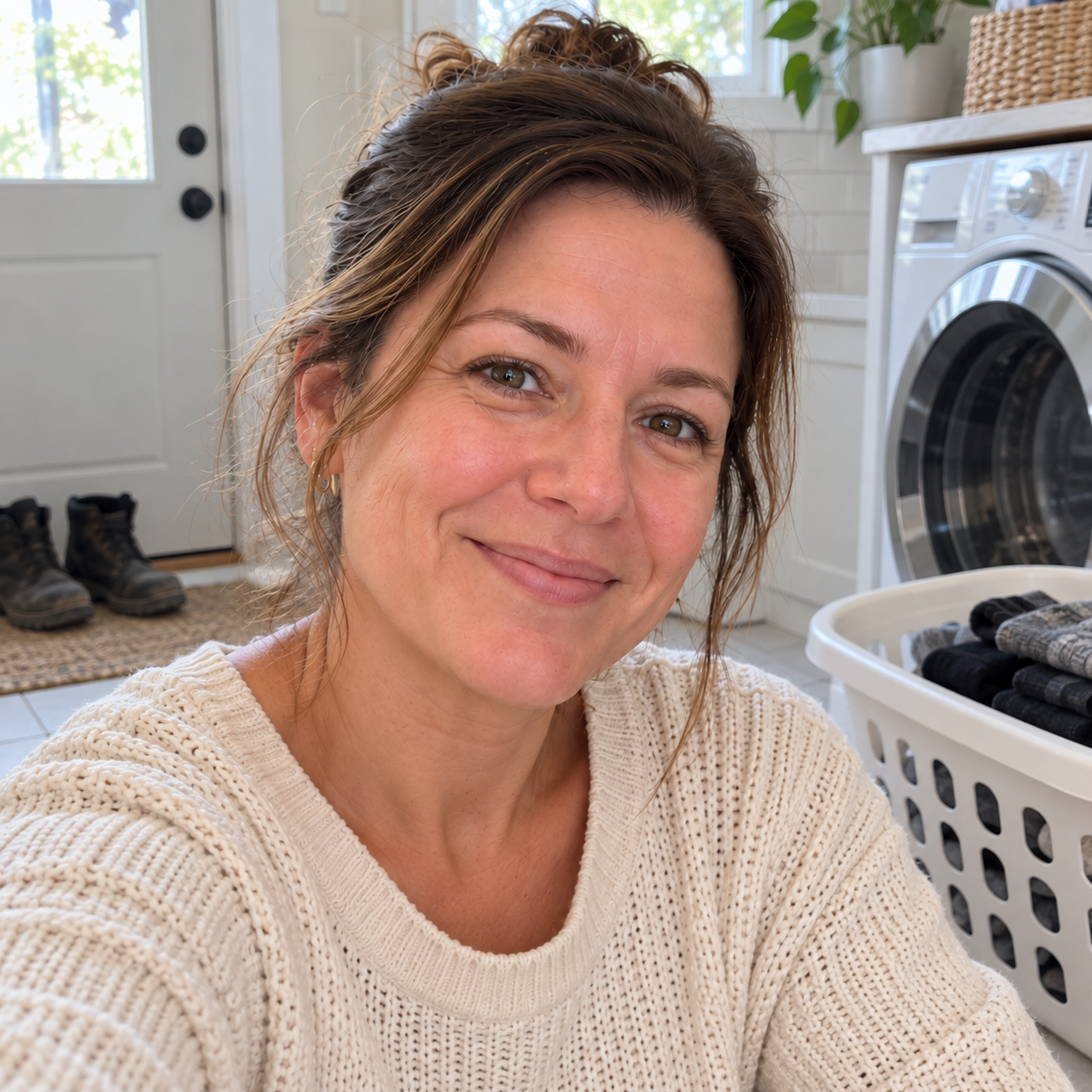 Sarah Lewis in her laundry room with work boots near the doorway