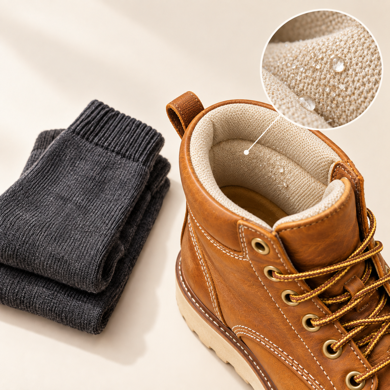 Fresh work socks beside a tan moc-toe boot with moisture retained in its lining